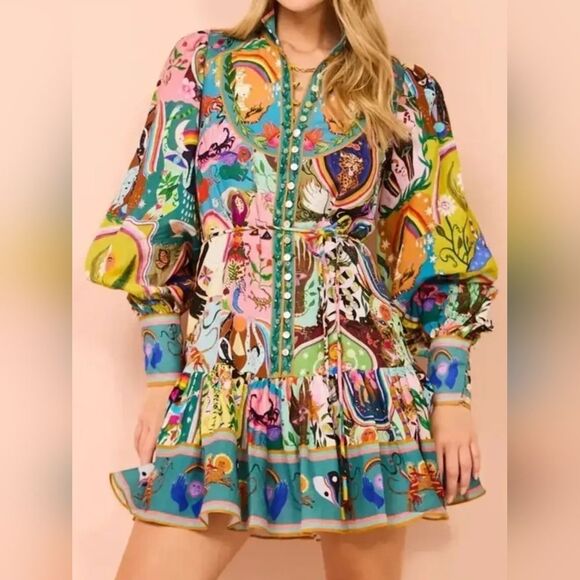 Fun Cute Long Sleeve Mini Shirt Dress with Colorful Graphic Print Az S M L XL 2X - Picture 6 of 10